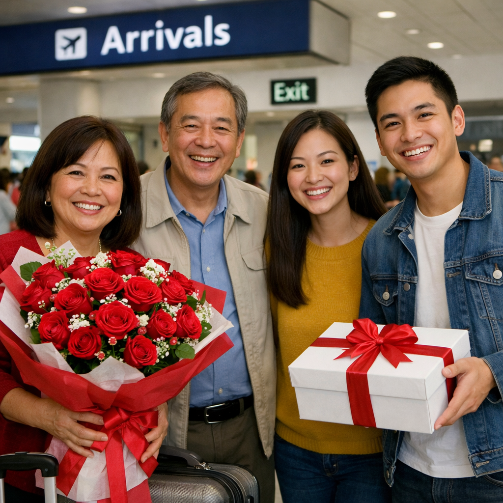 Family holding gifts at the airport